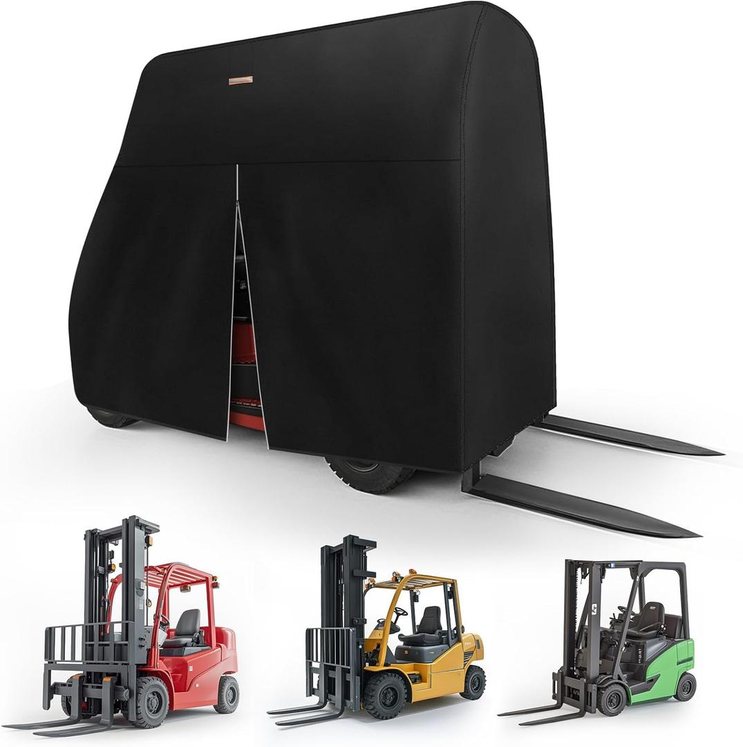 Forklift Cover 600D Fits All Forklifts Up to 8000Lbs All Weather - Waterproof, Sun Rain Snow UV Protection, Full Forklift Protection Cover with Zipper Door, Reflective Strips and Organizer Bag