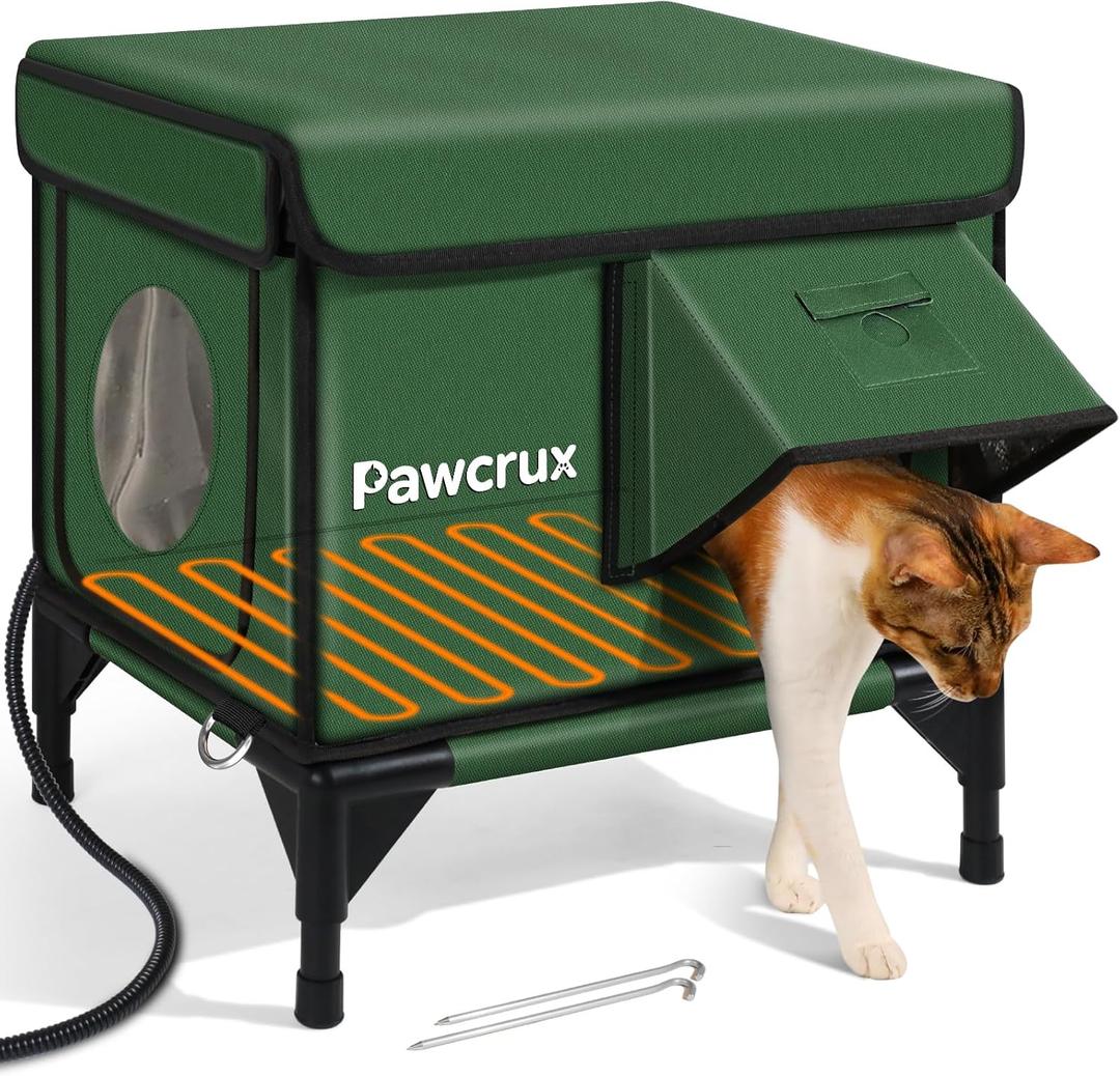 Weatherproof Heated Cat House for Outdoor in Winter, Heated Cat Bed Kitty Shelter with Cat Heating Pad, Insulated & Safe Escape Door, Warm House for Outside Stray Cat (Green, 12"x16"x16")