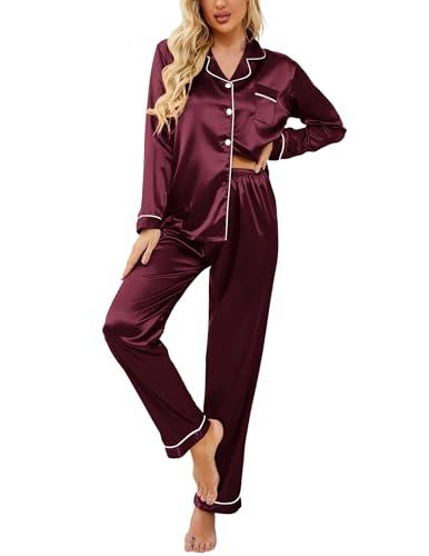 Ekouaer Women's Classic Button Down Long Satin Silk Pajama Set，Small，Burgundy, S