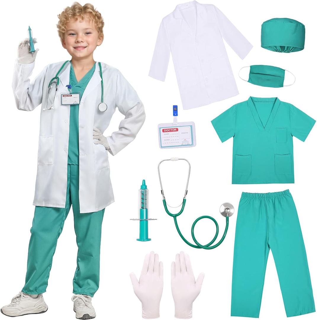 SIZGAROOT Doctor Costume for Kids Toddler Girls Boys Doctor Costume with Lab Coat Halloween Party Dress Up (6-7 Years, Green)