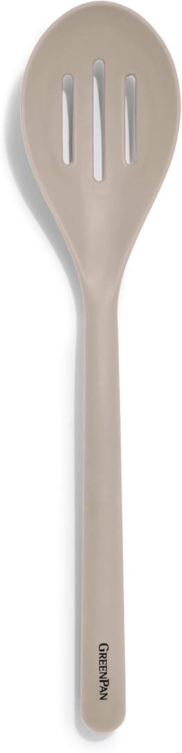GreenPan Silicone Slotted Spoon, Cooking Kitchen Utensil, Mixing Stirring Serving, Flexible Rubber Nonstick Cookware, Rigid Steel Core Heat-Resistant, Anti-Slip Handle, BPA-Free Dishwasher Safe, Taupe