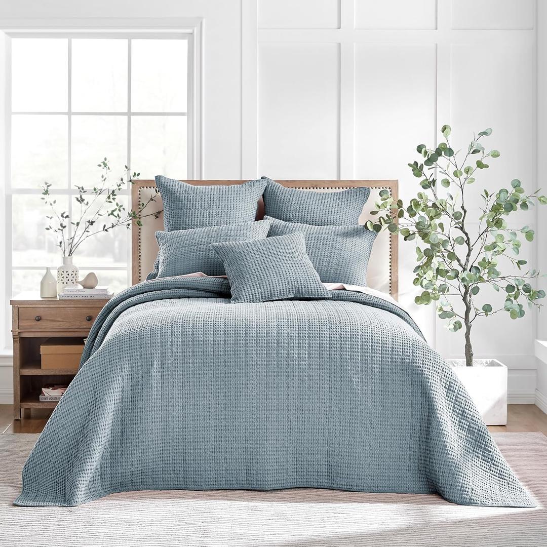 Levtex Home Mills Waffle King Bedspread Set (122x106in) with 2 Pillow Shams (36x20in) - Chambray - Cotton Waffle King Size Bedspread Set - Soft, Pre-Washed