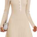 MEROKEETY Women's Long Sleeve V Neck Sweater Dress 2026 Fall Button Knit Pleated Mini Work Dresses (Beige, L)