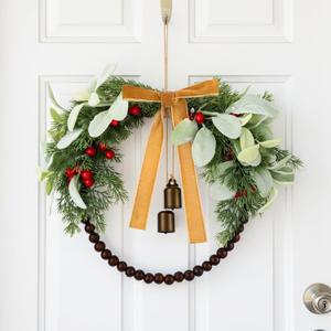 12 Inch Olive Norfolk Pine Christmas Wreath with Wooden Bead Bell Christmas Kitchen Cabinet Wreath for Front Door Farmhouse Rustic Xmas Artificial Door(Khaki,Rustic)