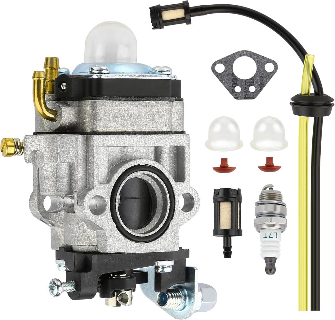 2-Stroke Carburetor Kit, Replacement for 43cc 47cc 49cc 50cc 52cc Engines, Compatible with Tillers, Auger, Mini Pocket Bikes, ATVs, Quads; Includes Fuel Line, Primer Bulbs, Gasket & Spark Plug