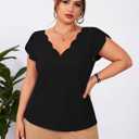 Womens Summer Tops Seashell Edge V Neck Shirts Petal Short Sleeve Top Dressy Casual Tunic Blouses (Black, L)