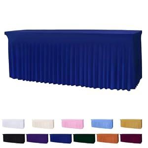 DREAMANIA Table Skirts for 8ft Rectangle Tables - 1PCS Blue Table Covers for 8 Foot Tables, Wrinkle Resistant Ruffles Elastic Table Cloths and Table Skirt for Banquets/Weddings/Parties/Birthday