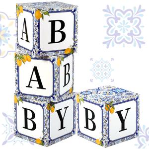4 Pcs 11.8 Inch Capri Lemon Baby Shower Party Decorations Amalfi Coast Baby Shower Boxes with Letters Gender Reveal Backdrop First Birthday Centerpiece Decor