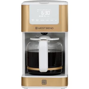 West Bend Timeless 12-Cup Programmable Coffee Maker with Brew Strength Selector for Hot and Iced Coffee, Includes 1-4 Cup Brew Option and Permanent Filter (White/Gold)