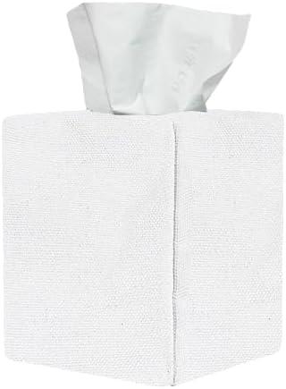 Tissue Box Cover, Cute Bleach White Linen Fabric Decorative Square Tissue Box Holder/Organizer for Bathroom Vanity Countertop/Office/Nightstand/Desk