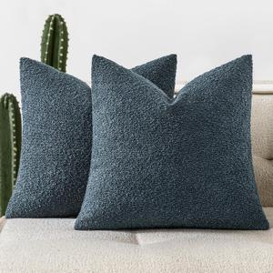 Woaboy Pack of 2 20x20 Inch Decorative Boucle Throw Pillow Covers Textured Square Pillowcaes Accent Solid Cozy Soft Cushion Covers Home Decor for Sofa Couch Living Room Home Decor,Dark Blue