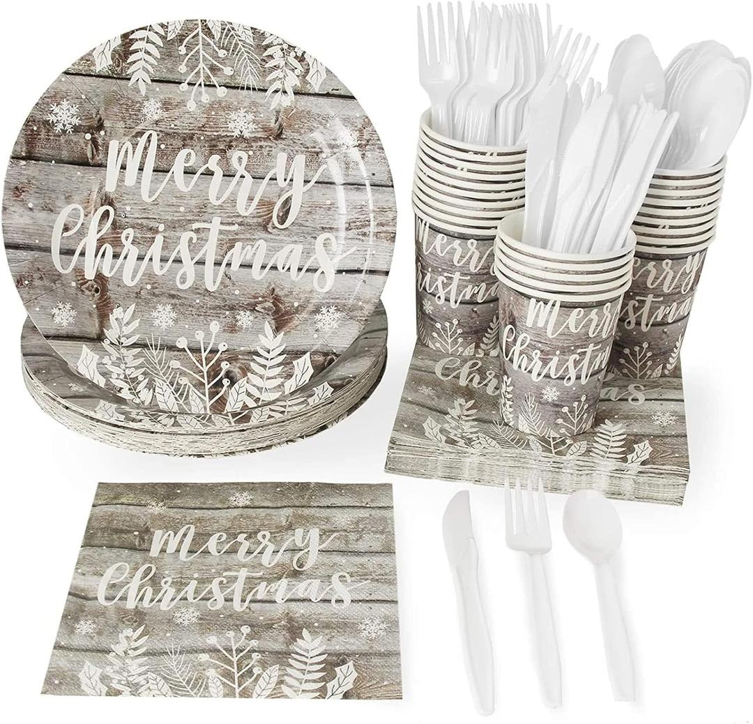 Juvale 144 Piece Merry Christmas Party Plates, Napkins, Cups, Cutlery, Wood Plank Design Dinnerware (Serves 24)