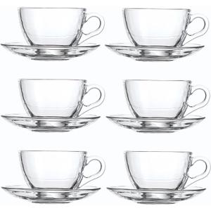 GURUDAR Glass Teacup and Saucer Set, 6 Pack Coffee Mug with Stainless Steel Spoon Suitable for Espresso Juice Cappuccino and More Beverage, 7OZ/210ML, Clear