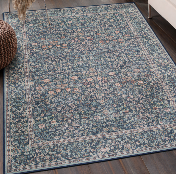 Vintage Design Navy Blue Area Rugs for Living Room, 4x6 Machine Washable Floral Collection Traditional Bedroom Rug, Low Pile Dinning Room Carpet, No Slip Office Kitchen Home Decor, Navy Blue