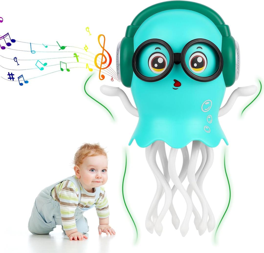 Dancing Jellyfish Babies Toy Music Crawling Octopus 6-12 Months Tummy Time Toys Magic Glowing Squid 1st Birthday Gifts for Toddlers 1 2 3 4 5 6 Year Old Kids Funny Gift for Baby Girl Boy Age 1-3 (Green)