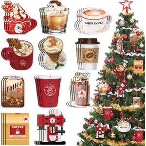 32 Piece Wooden Coffee Cup Christmas Tree Ornaments - Hanging Hot Cocoa & Tea Cup Decorative Ornaments for Holiday