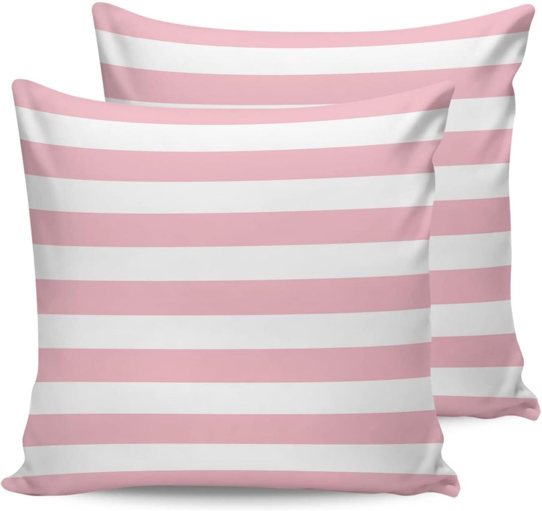 ALAGEO Outdoor Waterproof Pillow Covers for Patio Furniture Pink and White Stripes Decorative Throw Pillow Cover Solid Striped Pillowcases Set of 2 Cushion Case for Sofa Couch Chair 18 x 18 in