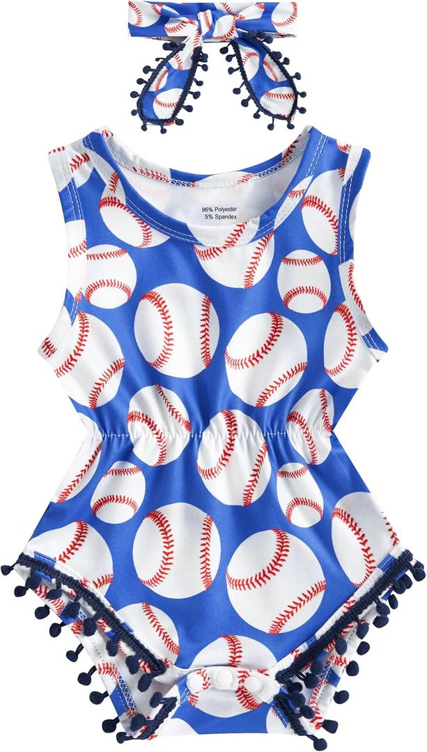 UNICOMIDEA Baby Girls Outfit Newborn Romper Jumpsuits Sleeveless One-Piece Clothes Bodysuit with Headband (Baseball), Size: 2T