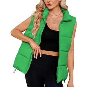 Century Star Green Puffer Vest Women Outerwear Puffy Oversized 2024 Quilted Top Jacket Coat Warm Fall Winter Gilet Sleeveless Zip Girls Medium