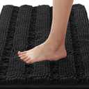 H.VERSAILTEX Non-Slip Bath Mat - Chenille Striped, 17" x 24", Absorbent, Soft Shaggy, Washable, Dry Fast - Black