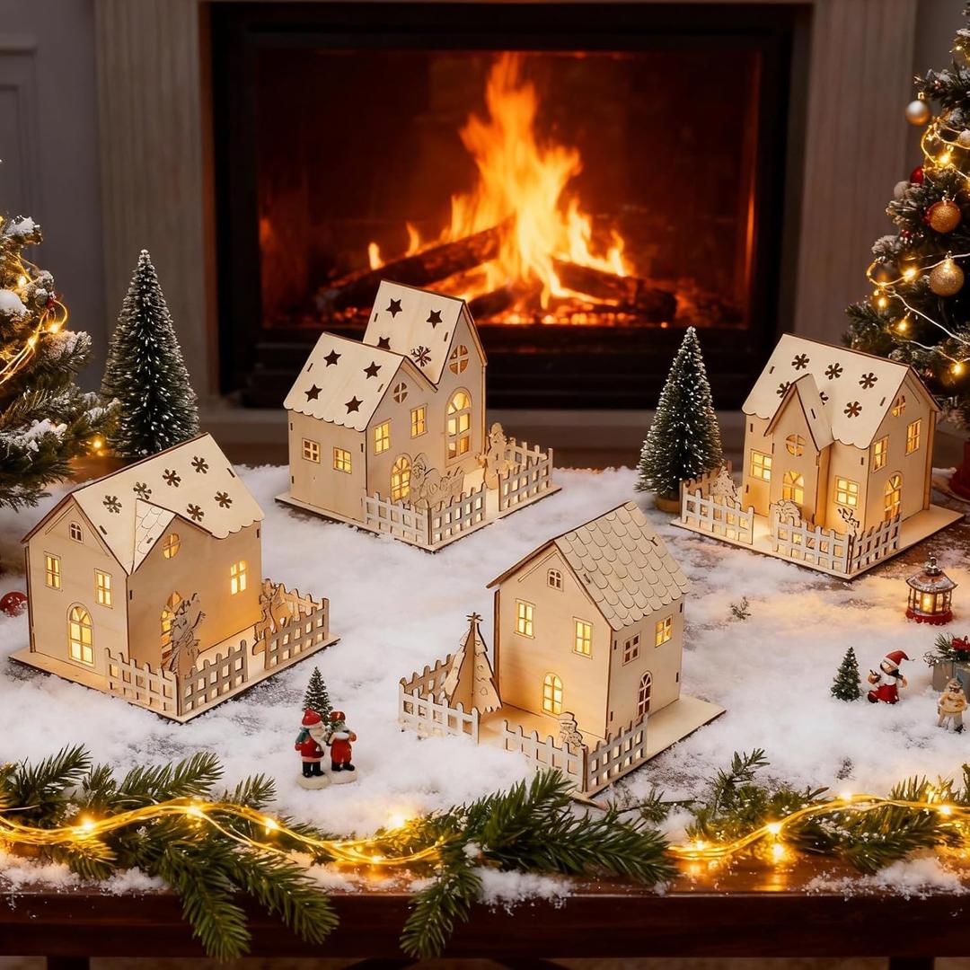Qunclay 4 Pcs Light up Christmas Village Sets Wooden Houses for Crafts Unfinished Christmas Wood Houses Gift for Winter Xmas Party Table Decorations