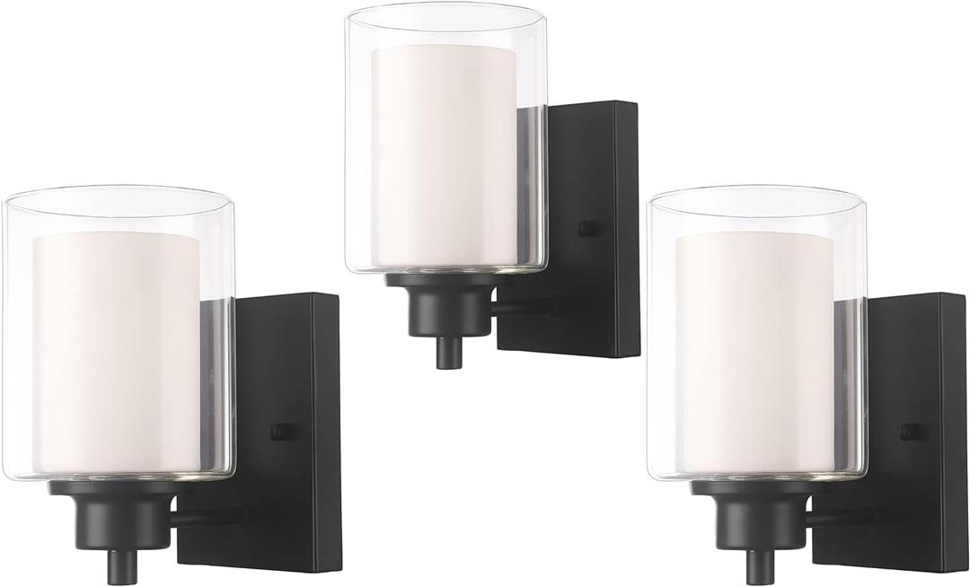 3 Pack Bath Vanity Light Fixtures 1-Light, Indoor Black Wall Light with Dual Glass Shade, Farmhouse Bathroom Wall Scone