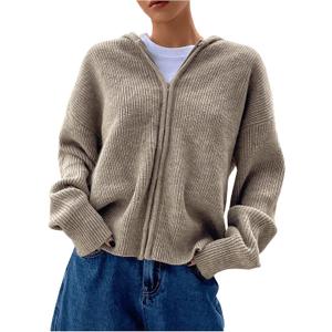 SOLY HUX Zip Up Cardigan for Women Hooded Cardigan Sweater Knitted Drop Shoulder Fall Clothes Winter Hoodies Outerwear (Large, Plain Khaki)