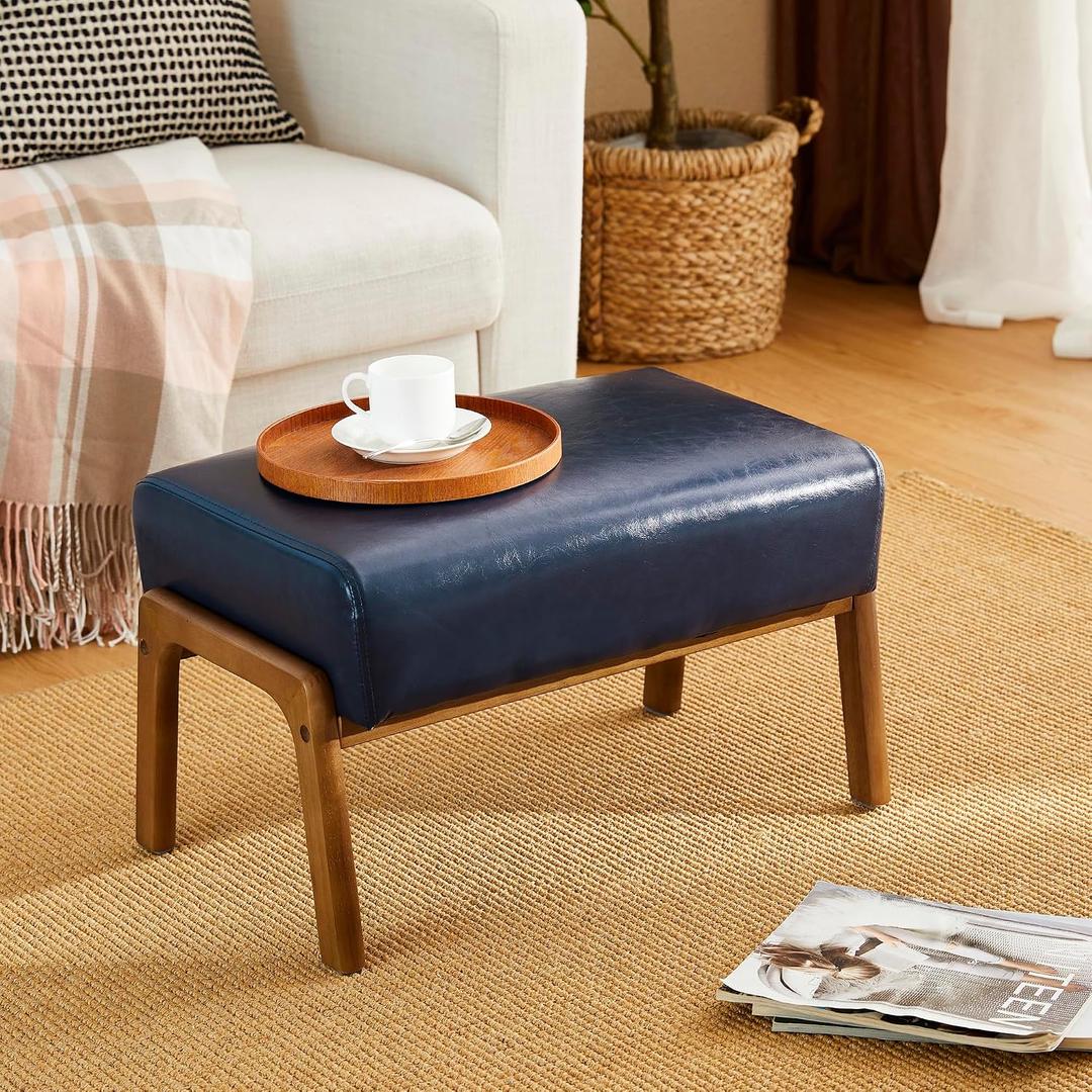 Glitzhome Foot Stool, Leatherette Wooden Step Stool, Modern Rectangle Ottoman Wide Vanity Stool with Cushion for Couch Living Room Bedroom Entryway, Single 24.50"l Navy Blue