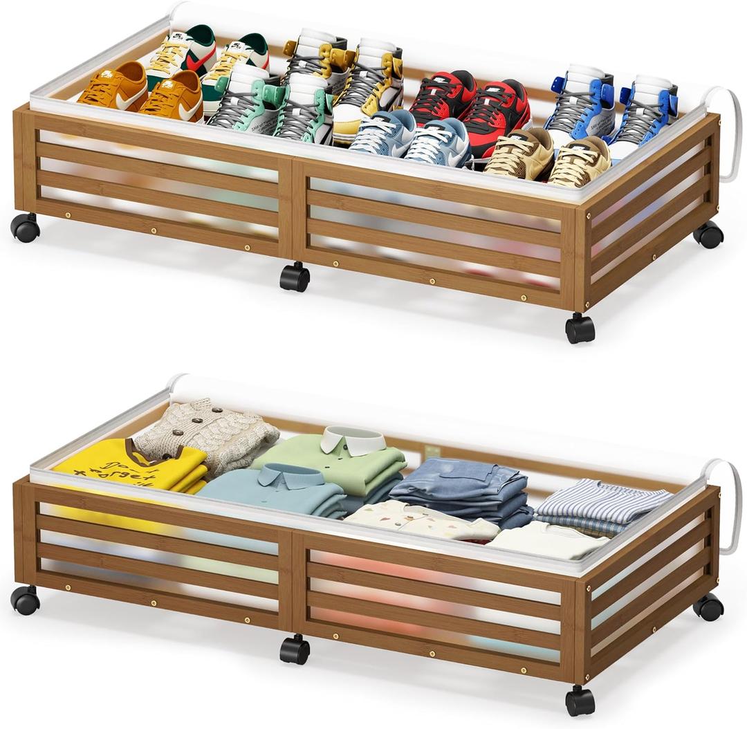 Under Bed Storage with Wheels-Large Bamboo Underbed storage Containers with Large Dust Bag Stackable Under the Bed Shoe Storage Bins for Clothes Books Bedding (2 Packs walnut, 33.07"L×16.54"W× 6.5"H)