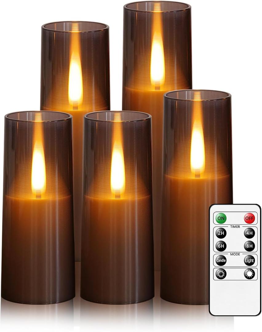 Flameless LED Candles, Upgraded Realistic Flickering Flame Battery Operated Candles with Remote Timer, Acrylic Electric Set of 5 for Romantic Ambiance and Home DecorationGrey