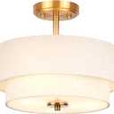 Edwarmlux 3-Light Semi Flush Mount Ceiling Light Fixture, 12.6" Gold Drum Light with White Fabric Shade, Modern Close to Ceiling Light for Living Room Bedroom Dining Room Kitchen Hallway Entry Foyer
