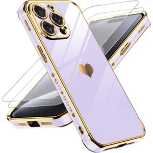 LeYi for iPhone 15 Pro Max Case: with Tempered Glass Screen Protector [2 Pcs]+ Full Camera Lens Protection,Love Heart Plating Girly Cute Luxury Soft TPU Shockproof Case for 15 Pro Max,Purple + Compatible for iPhone 15 Plus Case Cute Clear Oil Flower Floral Design for Girls Women Soft TPU Shockproof Protective Girly for iPhone 15 Plus-Pink Flower + Akeivare Compatible for iPhone 15 Case Cute Clear Flower