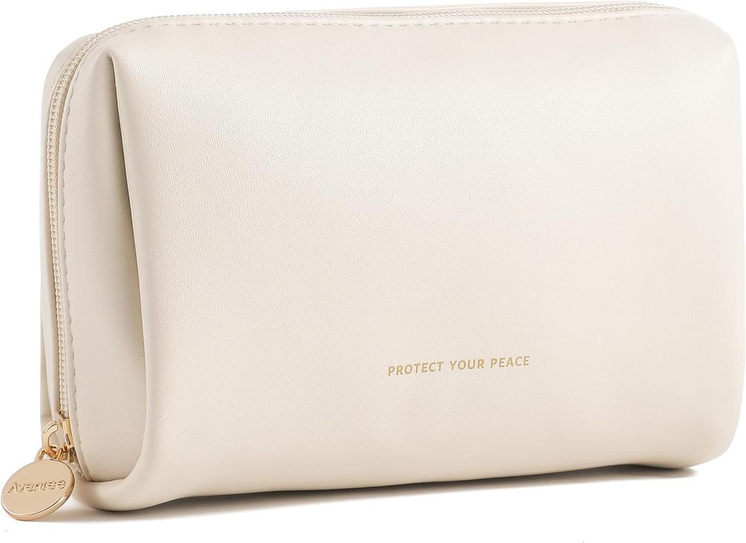 Aveniee Travel Makeup Bag Small, Vegan Leather Cosmetic Pouch for Purse, Wide-open Toiletry Organizer with Dividers & Zipper for Women-Beige