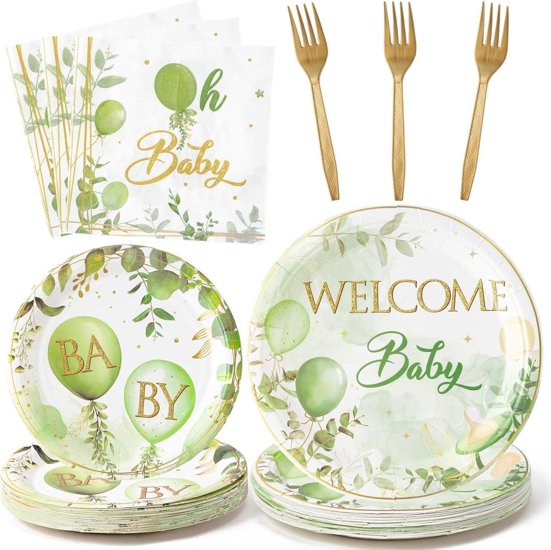 96Pcs Welcome Baby Greenery Baby Shower Sage Green Balloon Party Plates Supplies Tableware Decorations Disposable Paper Plates Napkins Forks for Birthday Gender Reveal, Serves 24