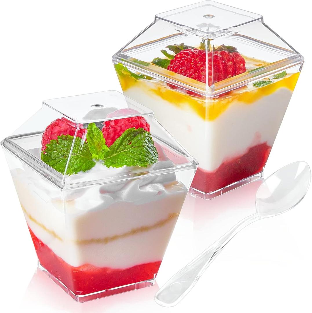 Qeirudu 50 Pack 3.5 oz Mini Dessert Cups with Lids and Spoons - Parfait Cups with Lids Plastic Square Shooter Cups for Party Appetizers Pudding Mousse Triffle
