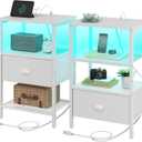 Sthmec Nightstands Set of 2, LED Bedside Tables with Charging Station and Fabric Drawer, Night Stand with Storage, 3 Tier Side Table with Open Shelf, LED Nightstand with Charging Station, White