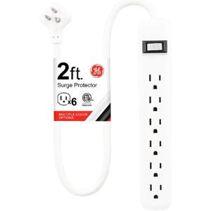 GE 6-Outlet Surge Protector, 2 Ft Extension Cord, Power Strip, 450 Joules, Twist-to-Close Safety Covers, UL Listed, White, 33656