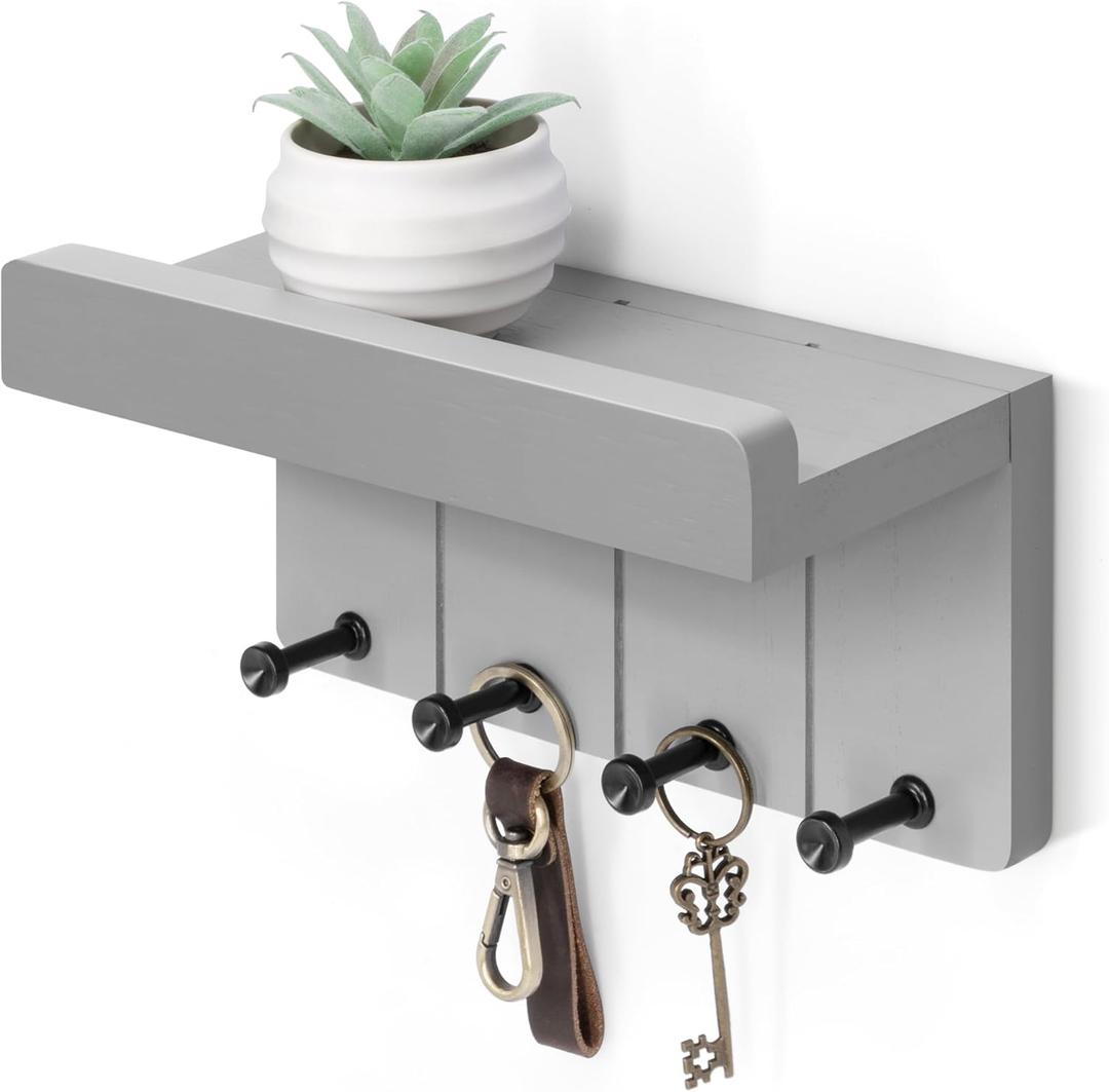 Rebee Vision Small Key Holder Wall Mount - Decorative Key and Mail Holder for Wall with Shelf and 4 Hooks for Aesthetic Room Decor - Modern Apartment Essentials for Home Decor (Light Gray) (Small - 8 inch)