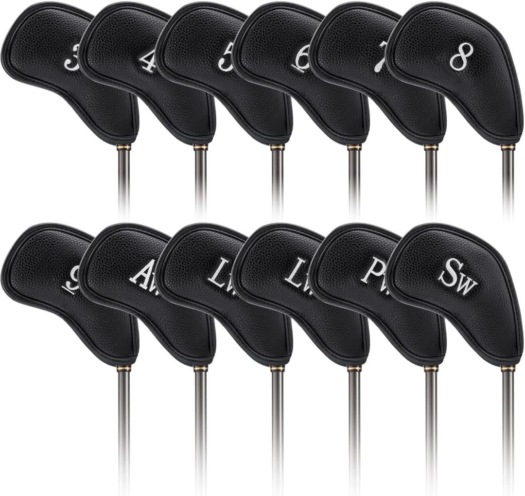 Golf Iron Head Covers, 12Pcs PU Golf Head Covers, Durable Golf Club Head Covers with Number Tags for Ping Titleist Callaway Taylormade Cobra (3-9 Pw Aw Sw Lw Lw)