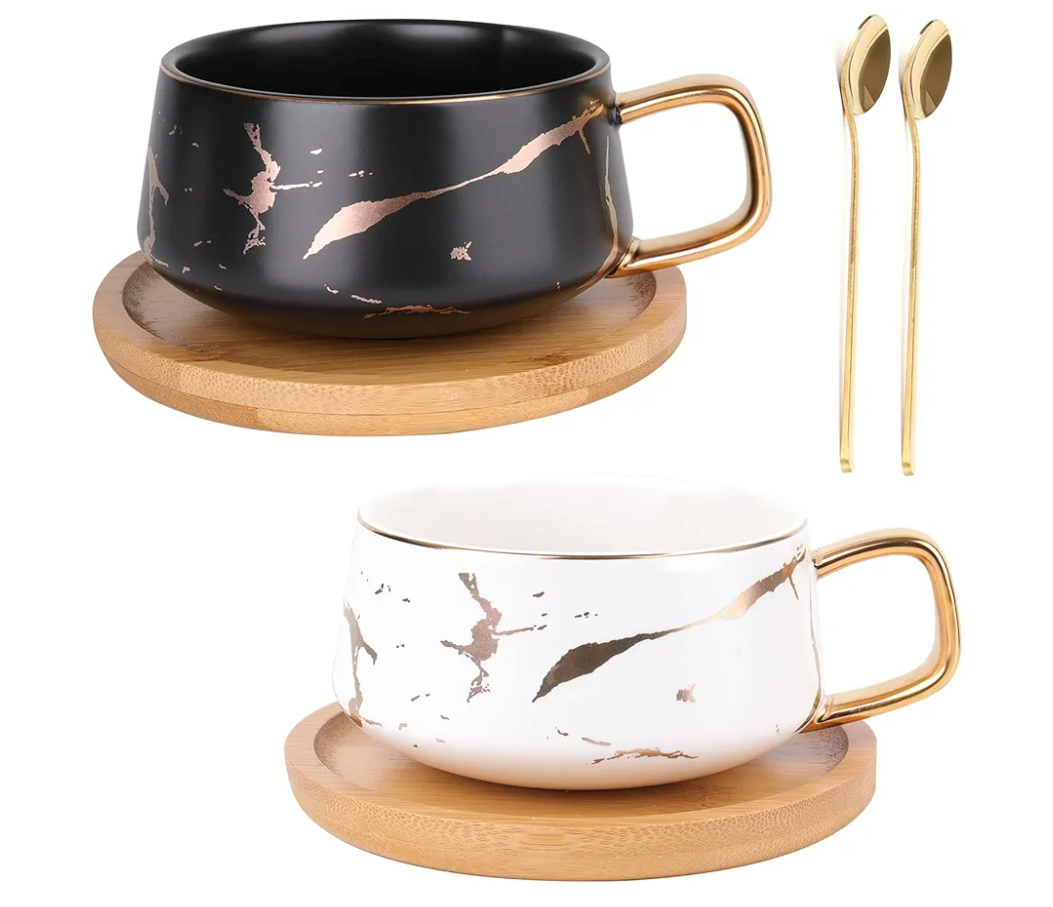 Peohud 2 Pack Ceramic Tea Coffee Cup, 10 OZ Coffee Mug with 304 Stainless Steel Spoon and Bamboo Saucer, Marble Espresso Cups for Latte, Cappuccino, Americano, White and Black