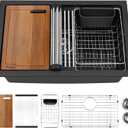 Davivy 27 Inch Black Granite Kitchen Sink Workstation, 27 x 18 Black Undermount/Drop In Kitchen Sink, Deep Quartz Composite Single Bowl with Accessories