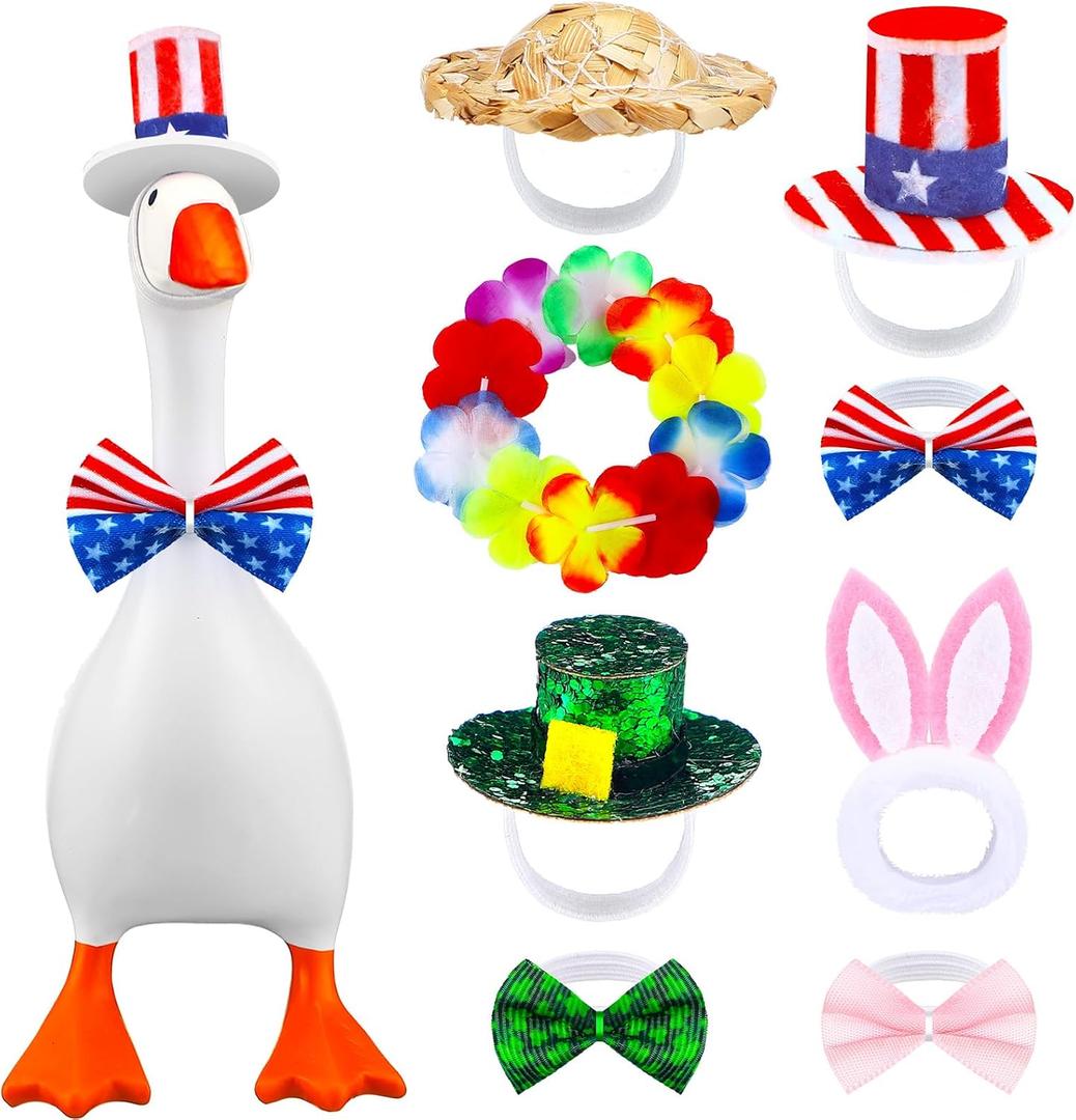 8 Set 7 Inch Desk Goose Outfits 4th of July Patriotic Flag Green Shamrocks Pink Bunny Small Porch Goose Costumes Small Desk Geese Festivals Outfits Combination Funny Geese Clothes for Magnetic Statue