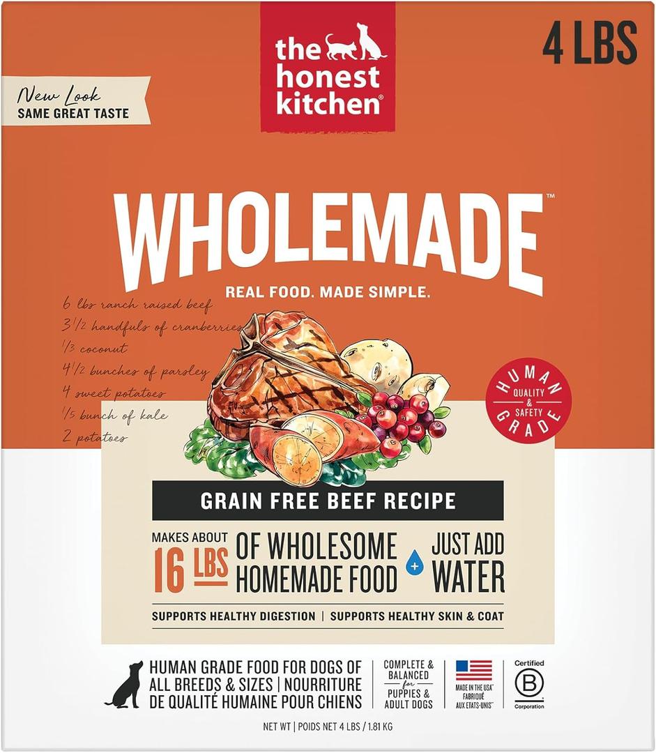 The Honest Kitchen Human Grade Wholemade Dehydrated Dog Food, Grain Free Dog Food, Beef, 4 lb (makes 16lbs) (EXP 06/05/26)