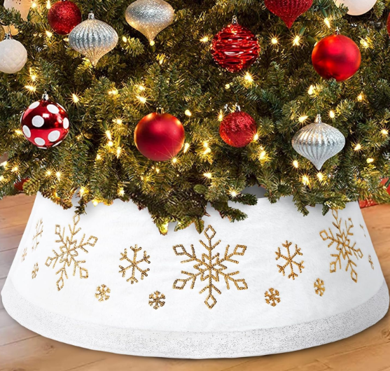 DoreenBow Christmas White Tree Collar Ring, 30'' Plush Gold Snowflake Sequin Tree Skirt, Christmas Artificial Tree Base Stand Cover, Xmas Tree Decorations Ornaments for Home Party Holiday 