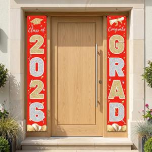 2 x 2026 Graduation Banner Congrats Grad Red - Class of 2026 Porch Sign for Party, Porch Banner Outdoor Graduation Decorations