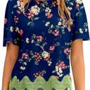 LOLONG Womens Short Sleeve Printed Tops Summer 2026 Crew Neck Color Block Casual Blouses (S)