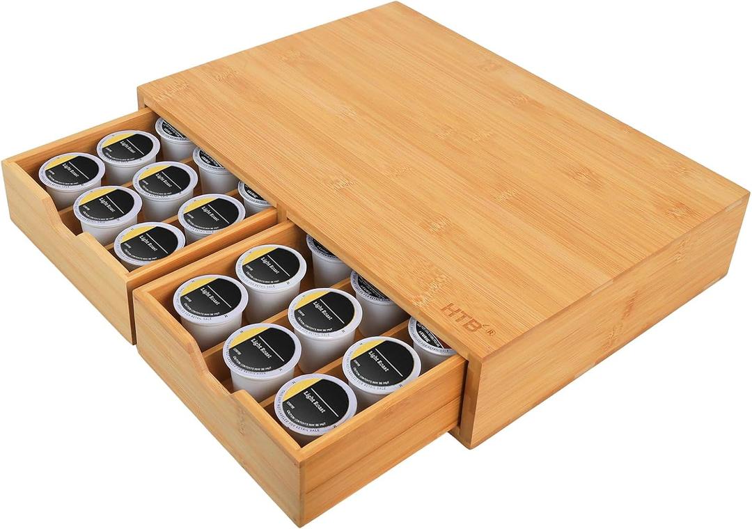 HTB K Cup Holder Compatible with K Cups,Coffee Pod Holder Holds Up 30 Cups,K Cup Organizer Storage Drawer (2. Bamboo- Heavier: Kcup etc.)