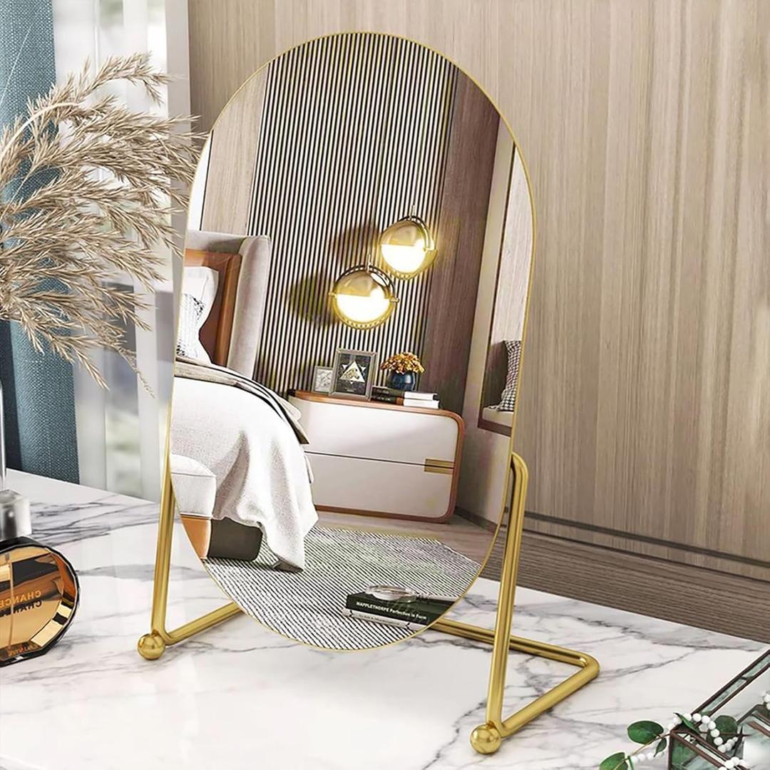 Desk Vanity Mirror with Stand Tabletop Makeup Table Mirrosr Portable Gold Make Up Mirror for Bedroom Golden Metal Framed Folding Bathroom Shaving Cosmetic Mirror
