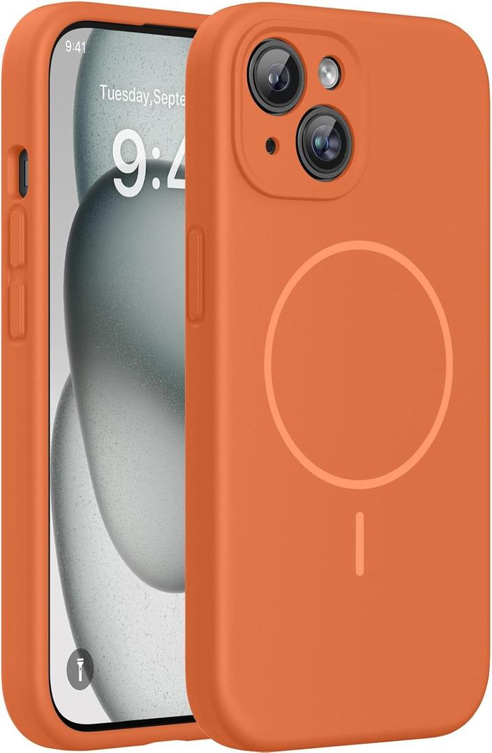 Miracase Magnetic for iPhone 15 Case, [Soft Anti-Scratch Microfiber Lining], Compatible with MagSafe, Liquid Silicone Case Shockproof Drop Protection Phone Case for 15,Orange