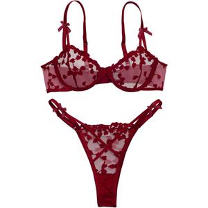 Lilosy Sexy Underwire Cute Push Up Strappy Embroidered Mesh Sheer Lingerie Set See Through Panty Bra (Red, M)